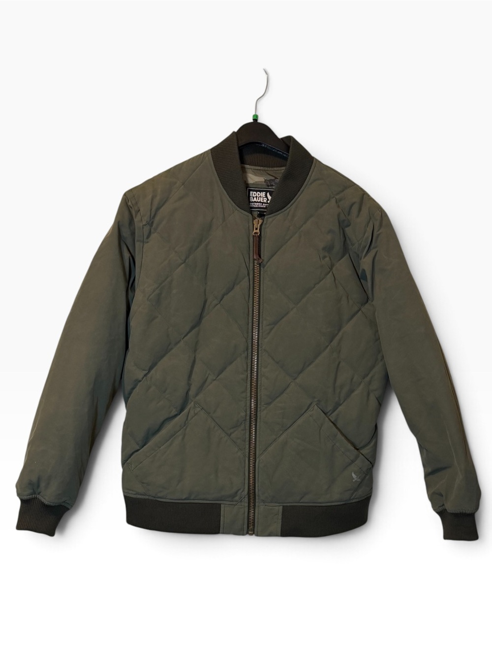 Eddie Bauer Skyliner 650 Down Olive Quilted Bomber Jacket Mens Size XL Full Zip - Picture 3 of 10
